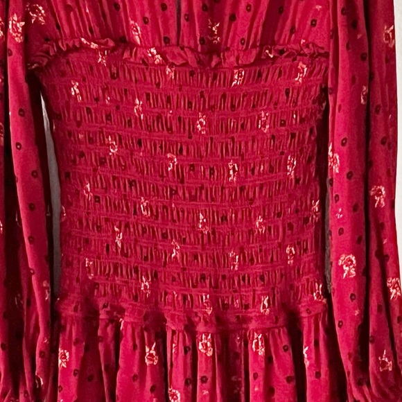 Free People Flirty Coquette Smocked Mini Dress Red Floral Puff Sleeve Size Small - Picture 9 of 14
